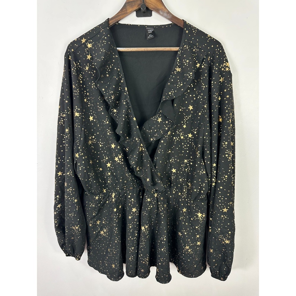 SHEIN Curve Blouse Womens 5XL Black Gold Foil Star Ruffle Peplum Celestial Top